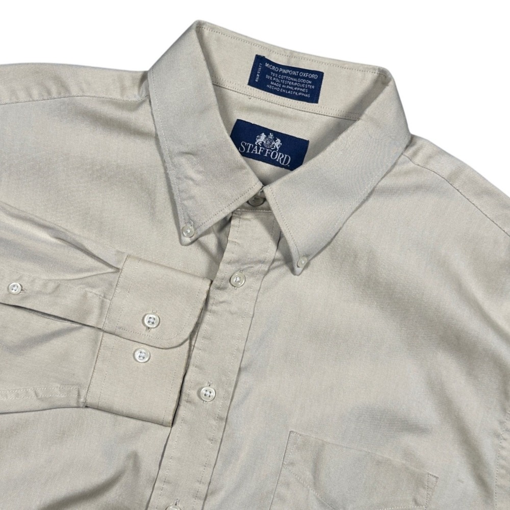 Stafford Button Down Shirt Mens 17 32-33 Tan Excellent Micro‎ Pinpoint Oxford